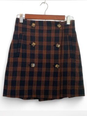 Madewell Black and Brown Plaid Double-Breasted Mini Skirt